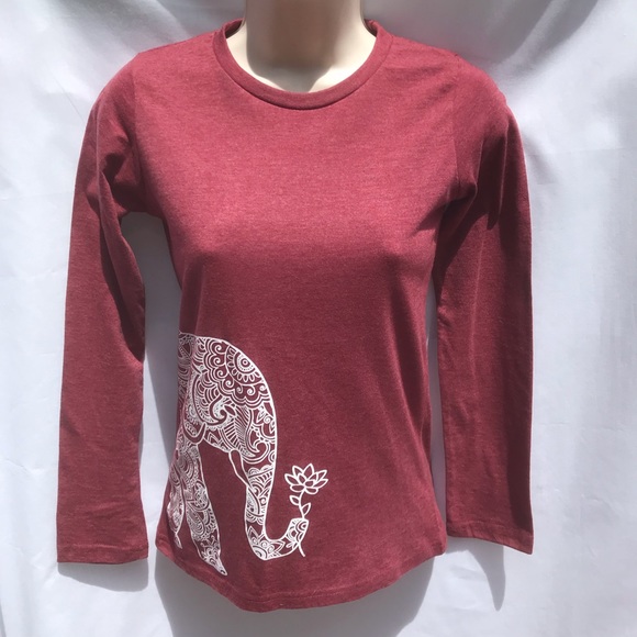 Heather Maroon Mehndi Elephant & Lotus LS Tee - Picture 1 of 4